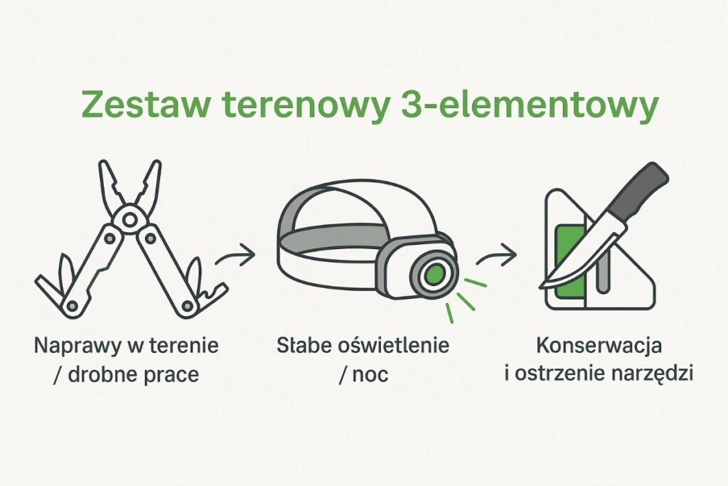 Trzyczęściowy zestaw terenowy — multitool + latarka + ostrzałka